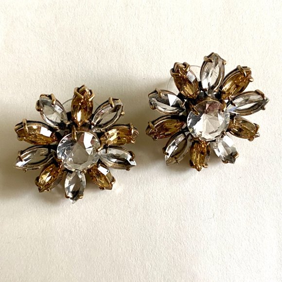 Vintage Large Floral Statement Stud Earrings with Transparent and Amber Petals - Picture 3 of 8